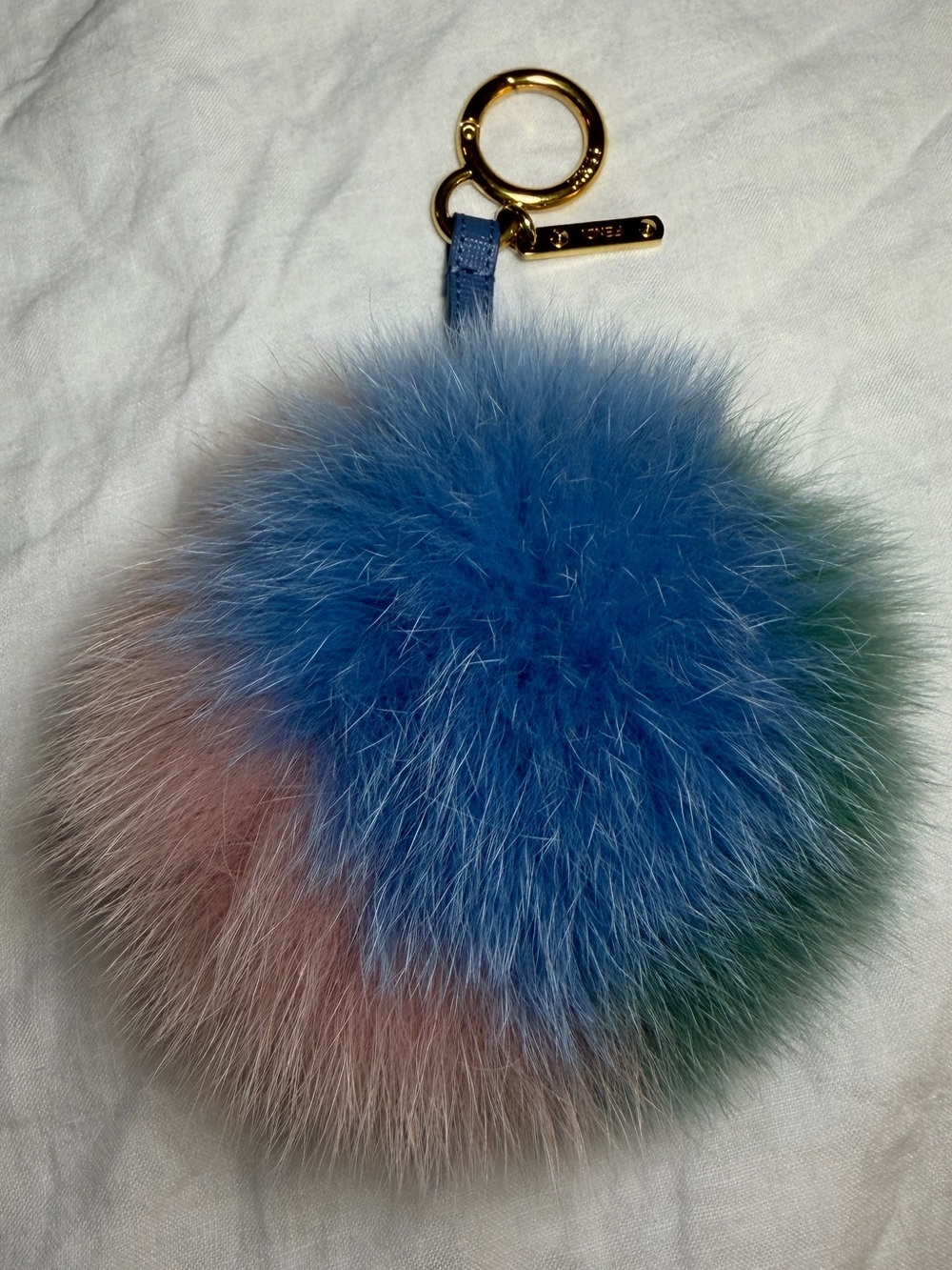 FENDI Tricolor Fox Fur Pom Pom Fendi Bag Charm Keychain Pastel Blue Pink Green - Picture 3 of 5